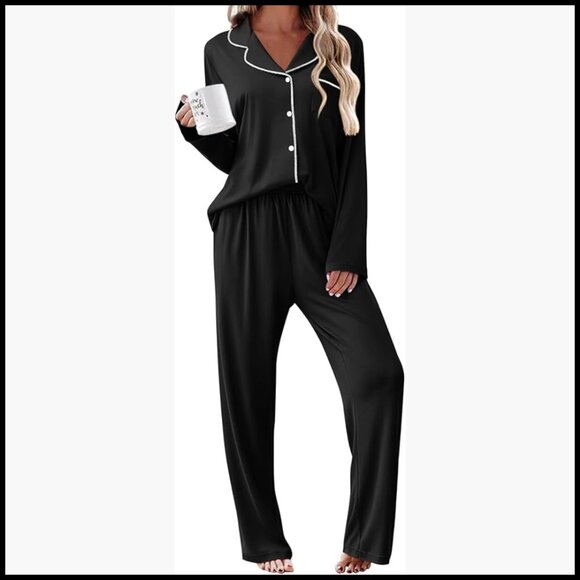 Long Sleeve Pajama Set with Button Down Top and Soft Polyester Fabric